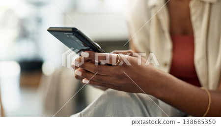 Woman, hands and typing on smartphone in home, reading social network notification and update multimedia subscription. Closeup, app and download mobile games, scroll on internet and chat to contact 138685350