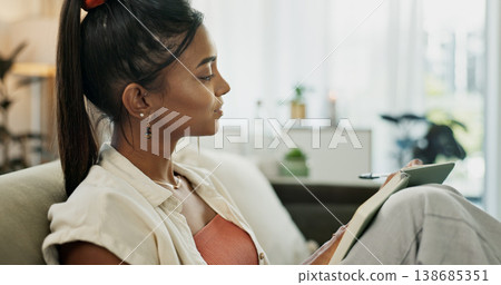 Book, woman and writing goals for future, planning and journal for self care, goals and growth. Happy person, notebook and smiling for notes, agenda and inspirational affirmations on couch at home 138685351