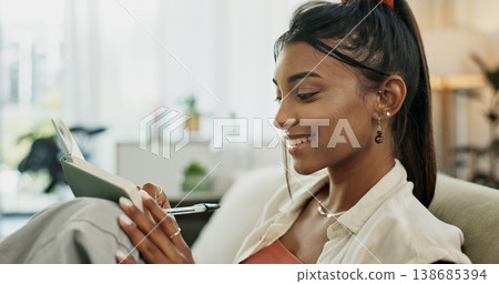 Notebook, woman and writing idea for future, planning and journal for self care, goals and growth. Happy person, book and smiling for notes, agenda and inspirational affirmations on couch at home Notebook, woman and writing idea for future, planning and journal for self care, goals and growth. Happy person, book and smiling for notes, agenda and inspirational affirmations on couch at home 138685394