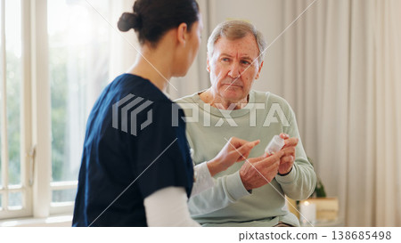 Pills bottle, senior man and nurse explain product description, medicine dosage or prescription drugs. Medical patient, nursing home and caregiver giving pharmaceutical supplements for health support Pills bottle, senior man and nurse explain product description, medicine dosage or prescription drugs. Medical patient, nursing home and caregiver giving pharmaceutical supplements for health support 138685498