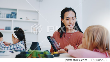 Science, tablet and teacher with child in classroom for research on a project in school. Knowledge, education and woman educator or tutor helping girl kid student on digital technology for chemistry. 138685502