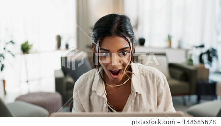 Wow, laptop and woman with remote work success, surprise and good news from email. Shock, happy and job promotion with achievement and online announcement from app in a living room with winner Wow, laptop and woman with remote work success, surprise and good news from email. Shock, happy and job promotion with achievement and online announcement from app in a living room with winner 138685678