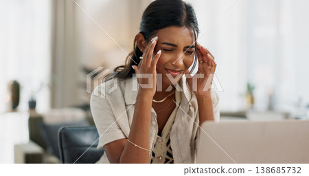 Laptop, headache or stress and a student woman in the living room of her home with study problems. Computer, anxiety or education and a young person having trouble with university or college exams 138685732
