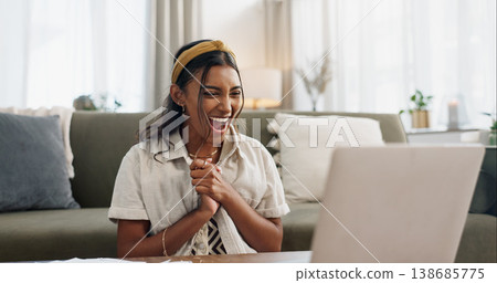 Woman, excited and winning with laptop in home living room on floor with smile, success and profit on stock market. Trader girl, investor or entrepreneur with computer for goals, bonus and revenue Woman, excited and winning with laptop in home living room on floor with smile, success and profit on stock market. Trader girl, investor or entrepreneur with computer for goals, bonus and revenue 138685775
