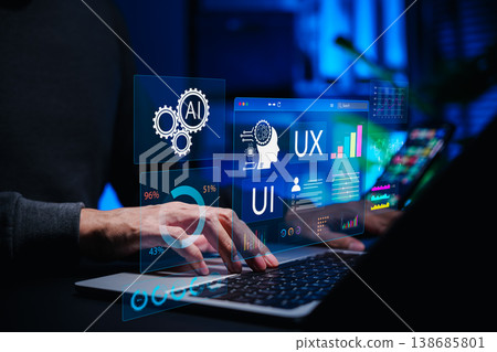 AI powered UX UI dashboard interface displaying analytics charts on laptop. Professional analyzing digital data, performance metrics, reports using AI technology for modern business and innovation. 138685801