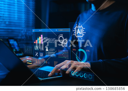 AI dashboard analytics and digital interface optimization concept. Person using laptop with virtual panels show data charts, UX UI metrics, smart monitoring, automation, business intelligence insights AI dashboard analytics and digital interface optimization concept. Person using laptop with virtual panels show data charts, UX UI metrics, smart monitoring, automation, business intelligence insights 138685856