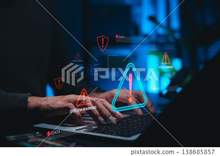 Cybersecurity warning and data threat detection concept. Person using laptop with alert icons, system warning messages, and danger symbols, cyber risk, network protection, digital security monitoring, Cybersecurity warning and data threat detection concept. Person using laptop with alert icons, system warning messages, and danger symbols, cyber risk, network protection, digital security monitoring, 138685857