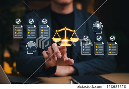 AI ethics and responsible decision making concept. Businessman using interface with balance scale, checklist document, human brain and AI icon, compliance review, fairness, governance, human oversight 138685858