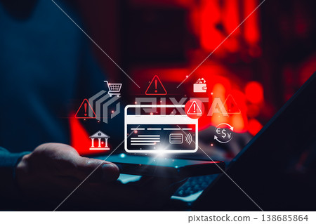 Payment Fraud Alert and Card Security Risk Concept. Person holding smartphone with credit card, warning icons, banking, shopping, wallet, currency symbol, suspicious transaction, online payment threat 138685864