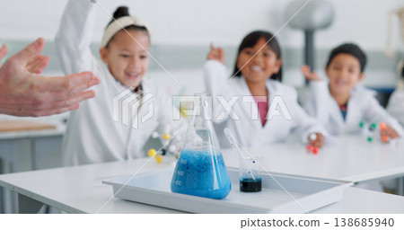 School kids, science and raised hand in class for learning, question and happy for experiment with knowledge. Children, boy and girl with education, container and scholarship for innovation in lab School kids, science and raised hand in class for learning, question and happy for experiment with knowledge. Children, boy and girl with education, container and scholarship for innovation in lab 138685940