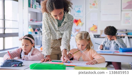 Help, teacher and woman with education, students and ideas with studying, conversation and teaching. Person, educator and children writing, knowledge and kids in a classroom with answers and lessons Help, teacher and woman with education, students and ideas with studying, conversation and teaching. Person, educator and children writing, knowledge and kids in a classroom with answers and lessons 138685953