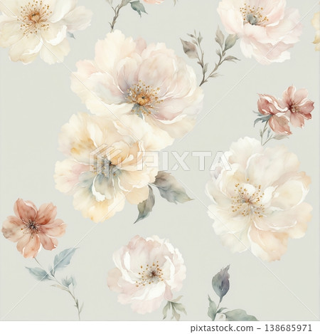Collection of elegant vintage watercolor floral seamless patterns with soft muted tones 138685971