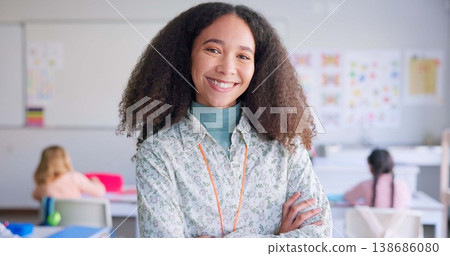 Portrait, happy and a teacher arms crossed in a classroom for education during a lesson at school to study. Future, smile and children learning with a woman educator teaching a class of student kids 138686080