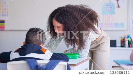 Teacher, boy and help with reading, book and classroom for education, success or mentorship for learning. Woman, development and student with goal, knowledge and story with support, school and desk 138686111