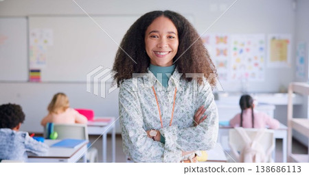 Portrait, smile and a teacher arms crossed in class for education during a lesson at school to study. Future, learning and children with a woman educator teaching in a classroom of student kids Portrait, smile and a teacher arms crossed in class for education during a lesson at school to study. Future, learning and children with a woman educator teaching in a classroom of student kids 138686113