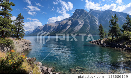 A breathtaking view turquoise lake waters reflecting snow-capped peaks. The scene features dense pine forests and soft morning mist drifting across the rugged Canadian Rockies. 138686139