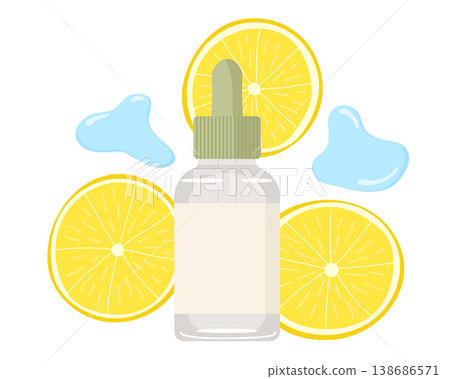 Clear dropper bottle beside sliced lemons Clear dropper bottle beside sliced lemons 138686571