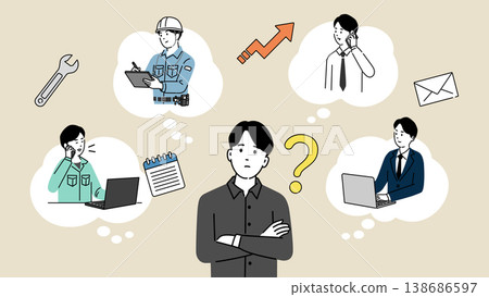 An illustration of a student struggling to decide between desk work and fieldwork, depicting a person contemplating their future career. 138686597