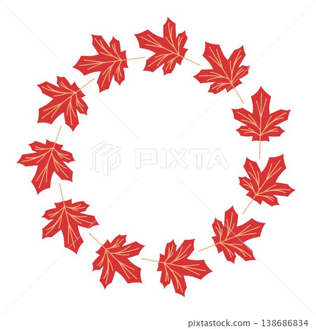 Red maple leaf wreath illustration with foliage arranged in a circular frame. Flat style isolated on white background, ideal for autumn cards, invitation and seasonal decor. Red maple leaf wreath illustration with foliage arranged in a circular frame. Flat style isolated on white background, ideal for autumn cards, invitation and seasonal decor. 138686834