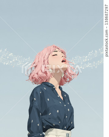 艾米系列：一位粉紅色頭髮的年輕女子在音符環繞中歌唱的插畫 138687297