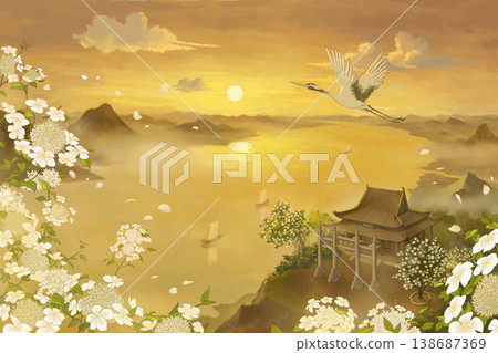 Collection of elegant traditional Chinese ink wash floral and landscape seamless patterns 138687369