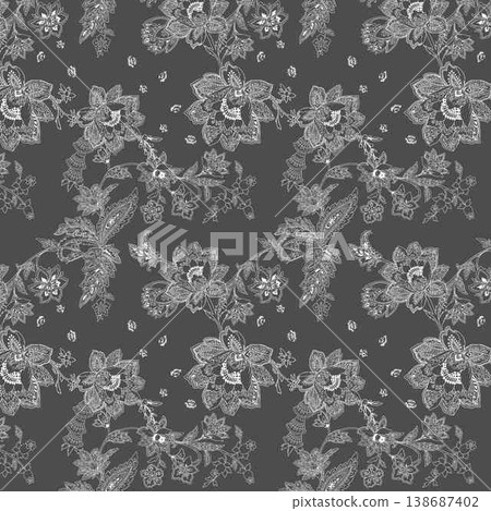 Collection of elegant traditional Chinese ink wash floral and landscape seamless patterns 138687402