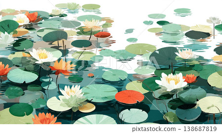 A flat illustration featuring orange, yellow, and white lotus flowers among green lily pads, showcasing a clean, minimalist aesthetic with bold color blocks and soft reflections. A flat illustration featuring orange, yellow, and white lotus flowers among green lily pads, showcasing a clean, minimalist aesthetic with bold color blocks and soft reflections. 138687819