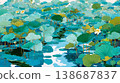 A flat illustration featuring orange, yellow, and white lotus flowers among green lily pads, showcasing a clean, minimalist aesthetic with bold color blocks and soft reflections. 138687837