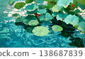 A flat illustration featuring orange, yellow, and white lotus flowers among green lily pads, showcasing a clean, minimalist aesthetic with bold color blocks and soft reflections. 138687839