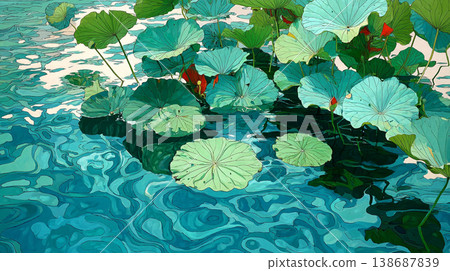 A flat illustration featuring orange, yellow, and white lotus flowers among green lily pads, showcasing a clean, minimalist aesthetic with bold color blocks and soft reflections. A flat illustration featuring orange, yellow, and white lotus flowers among green lily pads, showcasing a clean, minimalist aesthetic with bold color blocks and soft reflections. 138687839