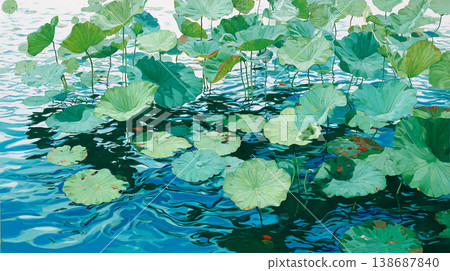 A flat illustration featuring orange, yellow, and white lotus flowers among green lily pads, showcasing a clean, minimalist aesthetic with bold color blocks and soft reflections. A flat illustration featuring orange, yellow, and white lotus flowers among green lily pads, showcasing a clean, minimalist aesthetic with bold color blocks and soft reflections. 138687840