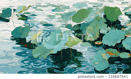A flat illustration featuring orange, yellow, and white lotus flowers among green lily pads, showcasing a clean, minimalist aesthetic with bold color blocks and soft reflections. 138687841