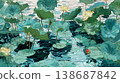 A flat illustration featuring orange, yellow, and white lotus flowers among green lily pads, showcasing a clean, minimalist aesthetic with bold color blocks and soft reflections. 138687842