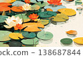 A flat illustration featuring orange, yellow, and white lotus flowers among green lily pads, showcasing a clean, minimalist aesthetic with bold color blocks and soft reflections. 138687844