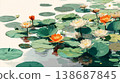 A flat illustration featuring orange, yellow, and white lotus flowers among green lily pads, showcasing a clean, minimalist aesthetic with bold color blocks and soft reflections. 138687845