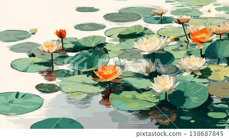 A flat illustration featuring orange, yellow, and white lotus flowers among green lily pads, showcasing a clean, minimalist aesthetic with bold color blocks and soft reflections. A flat illustration featuring orange, yellow, and white lotus flowers among green lily pads, showcasing a clean, minimalist aesthetic with bold color blocks and soft reflections. 138687845