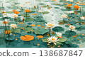 A flat illustration featuring orange, yellow, and white lotus flowers among green lily pads, showcasing a clean, minimalist aesthetic with bold color blocks and soft reflections. 138687847