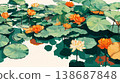 A flat illustration featuring orange, yellow, and white lotus flowers among green lily pads, showcasing a clean, minimalist aesthetic with bold color blocks and soft reflections. 138687848