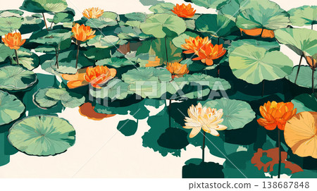 A flat illustration featuring orange, yellow, and white lotus flowers among green lily pads, showcasing a clean, minimalist aesthetic with bold color blocks and soft reflections. 138687848