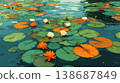 A flat illustration featuring orange, yellow, and white lotus flowers among green lily pads, showcasing a clean, minimalist aesthetic with bold color blocks and soft reflections. 138687849