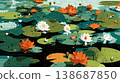 A flat illustration featuring orange, yellow, and white lotus flowers among green lily pads, showcasing a clean, minimalist aesthetic with bold color blocks and soft reflections. 138687850