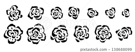 Hand drawn abstract rose flowers black silhouettes bundle with expressive brush strokes and rough textured edges 138688099