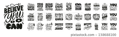 Hand Lettered Motivational Quotes Bundle with Positive Affirmations, Self Love Phrases and Eco Friendly Slogans in a vector illustration 138688100