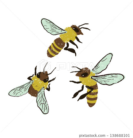 Hand drawn abstract textured honeybees set. Artistic chalky texture brush strokes bee 138688101