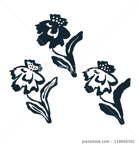 Hand drawn abstract flowers black silhouettes bundle with expressive brush strokes and rough textured edges 138688102