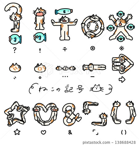 一隻三色貓用身體擺出各種符號。 138688428