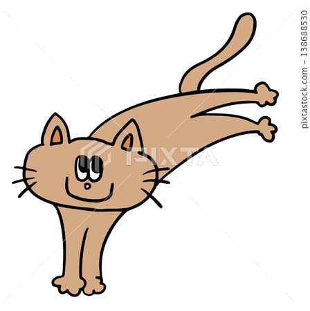 Hand drawn illustrations of cat stretching for decoration, kitten cartoon, characters, comic, mascot, stickers, tattoo, pet shop, vet, animal, home decor, house, yard, playtime, brooch, pin, icon	 138688530