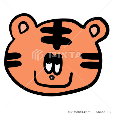 Cute hand drawn tiger face shape for wild animal, zoo, souvenir shop, sticker, kid drawing style, icon, toy, kid doll, cartoon character, comic, mascot, roar	 138688909