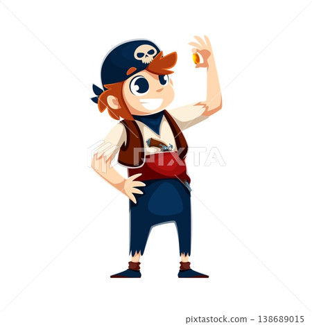 Cartoon pirate boy character holding gold coin, smiling confidently in corsair outfit with bandana. Playful child boatswain and sailor funny vector personage expressing sea adventure and treasure hunt 138689015