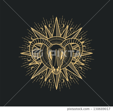 Witchcraft occult mystic goat skull and star symbol or sign. Tarot sorcery occult line tattoo, cultist magic mystical golden vector seal. Alchemy or astrology mystic round symbol with ram horns 138689017